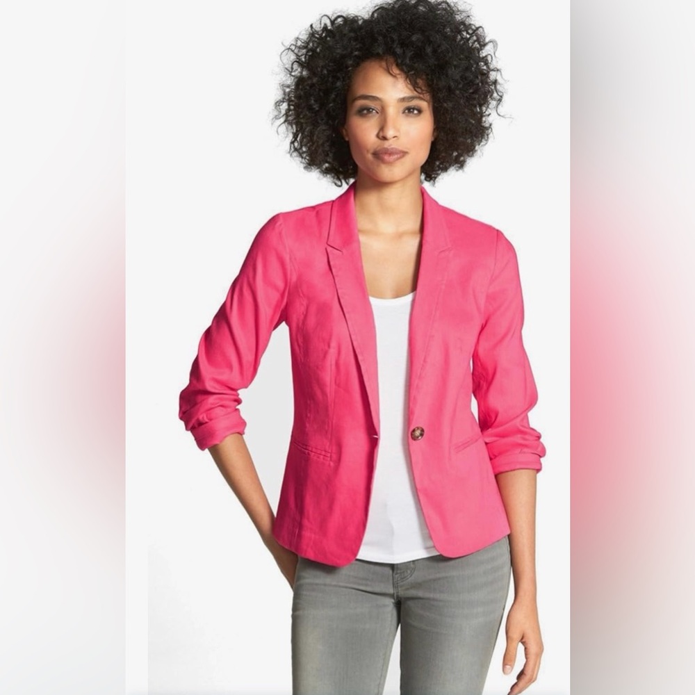 HALOGEN Black Linen Single-Button Blazer Jacket